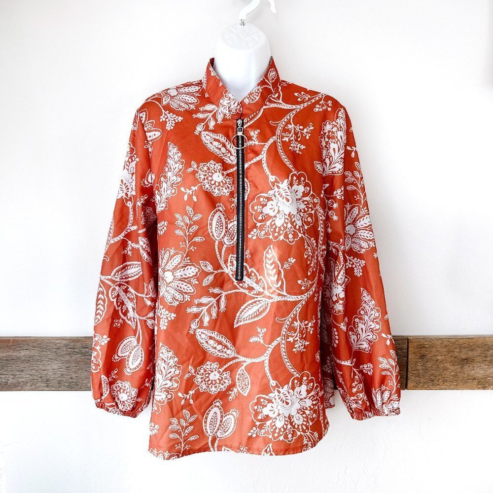 Emery Rose Orange Tunic‎ 1/2 Zip Paisley Floral Top L